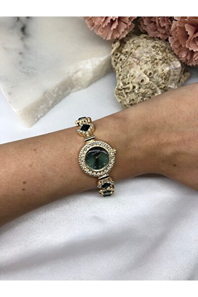 Coliseum Round Vintage Retro Inside Green Stone Detailed Gold Women's Wristwatch