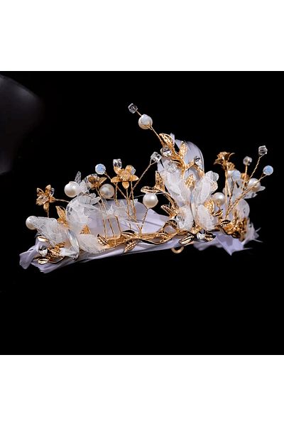 Eva Flore Stylish Bridal Crown, Feathered Flower Design Crown with Rhinestones, Pearls and Crystal Butterflies