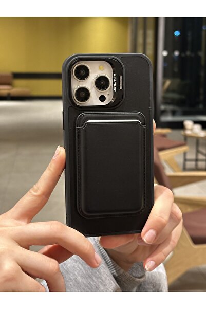 Paladyum Case حافظة جلدية سوداء فاخرة متوافقة مع هاتف iPhone 15 Pro Max مع مح...