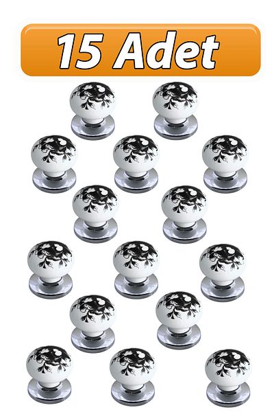 GLASWEN 15 Pcs Black Rose Pattern White Polymer Button Handle with Chrome Top Furniture Kitchen Cabinet Drawer Handle