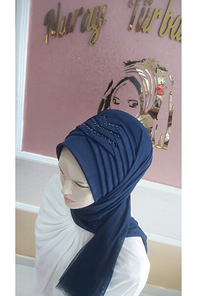 NurAy Payet detaylı lacivert hazır duvak ,hazır şal hazır türban