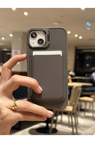 Paladyum Case iPhone 15 Plus Compatible Premium Titanium Gray Leather Magsafe Wallet Card Holder Camera Frame Stand Case