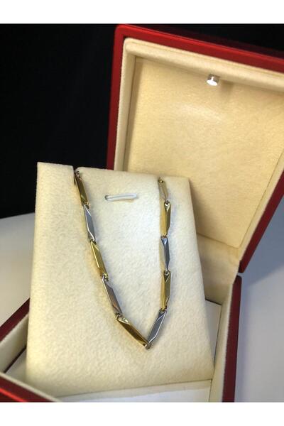 GWOMA Men's Steel Necklace - 3mm Cornered Bar Yellow V White Thin Tender • in...