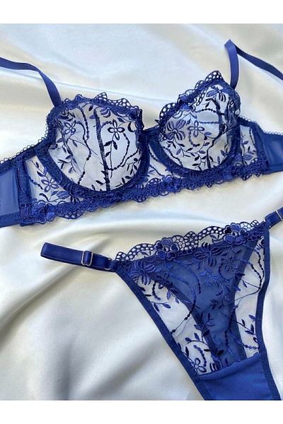 ARONA Navy Blue Lacy Brode Bra and Underwear Set - Lingerie Haven