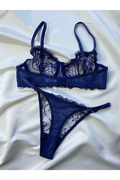 ARONA Navy Blue Lacy Brode Bra and Underwear Set - Lingerie Haven
