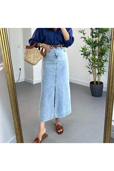 Gokilibutik Yüksek Bel Uzun Kar Yıkama Mavi Renk Önden Yırtmaçlı Kot Etek