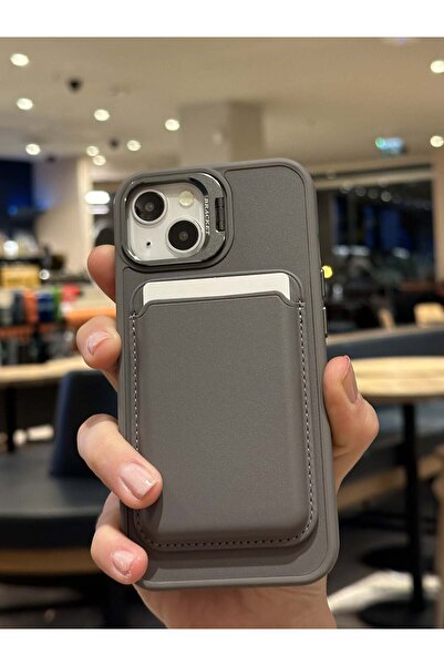 Paladyum Case iPhone 14 Plus Uyumlu Premium Titanyum Gri Deri Magsafe Cüzdanl...