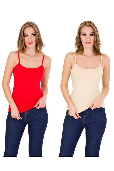 Yaldızlı Red and Nude Colored Tank Top with String Straps - Set of 2