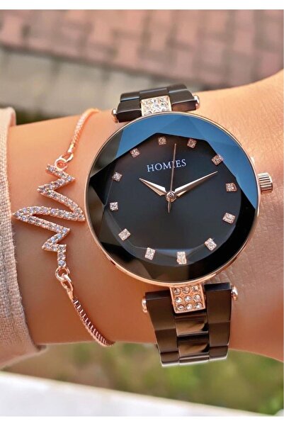 Homies Mrd12146 Rose Siyah Renk Kadın Kol Saati Bileklik Hediyeli