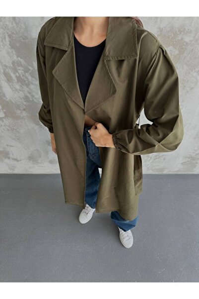 My crasia Kadın Haki  Kruvaze Yaka  Kemer Detaylı Cepli Trençkot