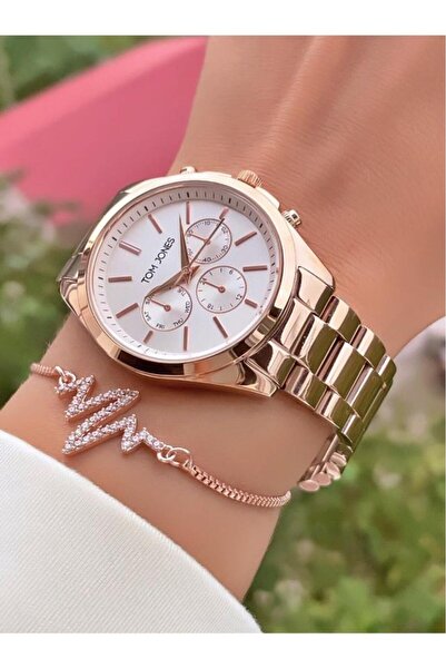 Tom Jones Mrd11981 ساعة يد نسائية موديل جديد باللون الذهبي الوردي مع سوار هدية