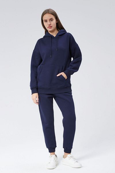 soBasic Hooded Kangaroo Pocket Three Thread Raster Tracksuit Set - Navy Blue