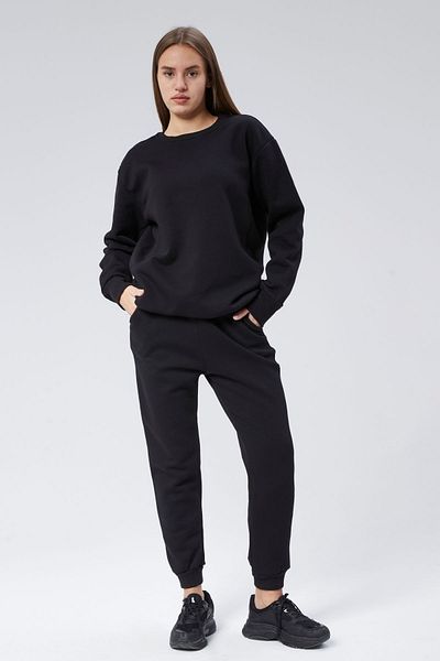 soBasic Crew Neck Three Thread Raised Tracksuit Set - Black