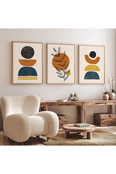 woodhomeworks Tablou abstract din 3 piese cu ramă din lemn pentru casă, sufra...