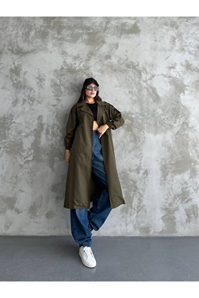 My crasia Kadın Haki  Kruvaze Yaka  Kemer Detaylı Cepli Trençkot