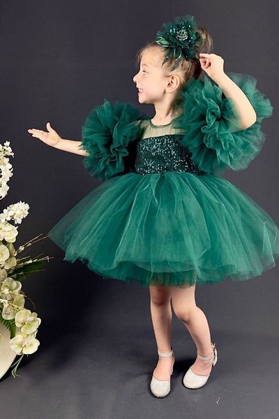ABİYEKİDS Green Sequin Sleeve Detailed Pompom Style Children's Dress Aby458