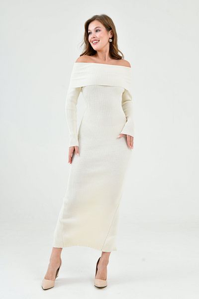 WOMAN VISION Madonna Collar Long Sleeve Slit Midi Knitwear Dress - Ecru 1170