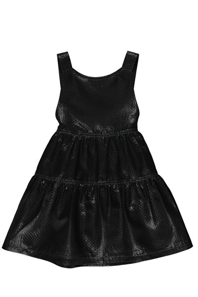 Panço Kız Siyah Dokuma Yuvarlak Yaka Elbise