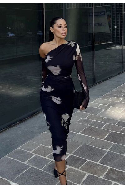 WoolnClyde Black Polka Dot Midi Evening Dress - Sheer Tulle Sleeves, Lined and Draped Shoulder