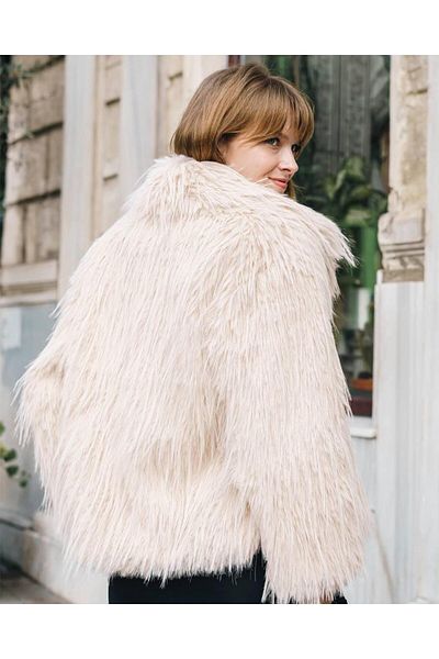 WoolnClyde Women's Beige Shawl Collar Soft Lined Double Pocket Snap Closure Premium Imported Long Fur Coat