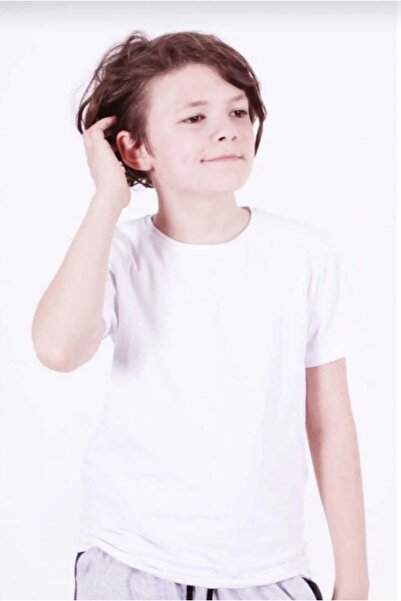 PANİO KİDS Basic Crew Neck Cotton Plain Unisexs Kids T-Shirt [Cream Color]