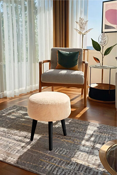 LOVİSSE HOME Coco Puf, Peluş Siyah Ayak, Kırık Beyaz, Oturma Odası, Makyaj Masası Pufu, Kapı Önü, Ayak Uzatma