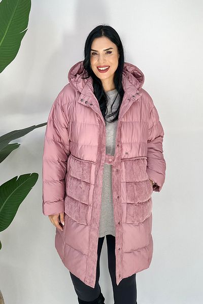 GÖKSEL Velvet Detailed Large Size Coat - Powder