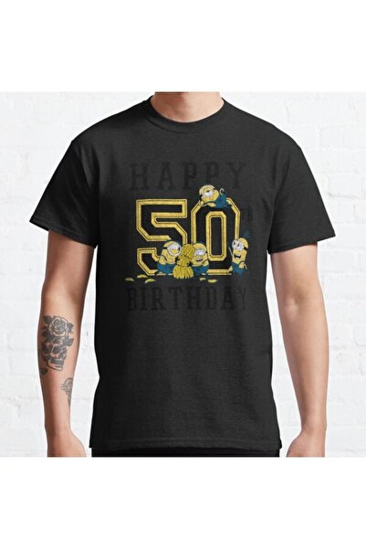 ZOKAWEAR تي شيرت مطبوع بتصميم فضفاض للجنسين من Minions Happy 50th Birthday
