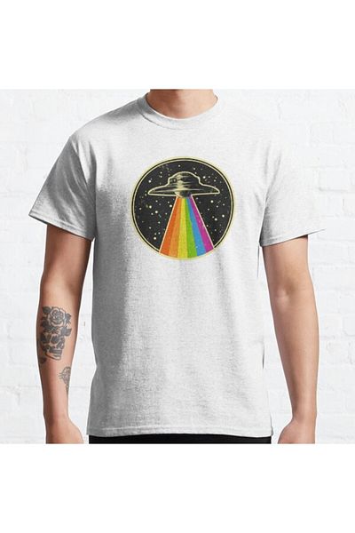 ZOKAWEAR Tricou unisex Queer OZN cu imprimeu Rainbow Alien Abduction Pride - Cu o formă lejeră
