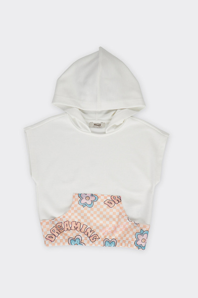 Panço Kız Çocuk Desenli Kanguru Cepli Kapüşonlu Ekru Sweatshirt
