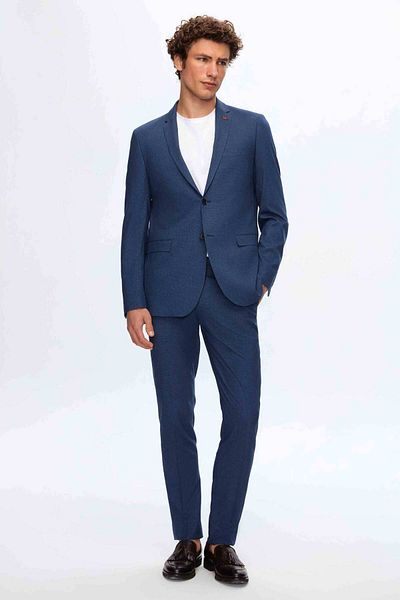 Twn Navy BlueSlimFit ViscoseMonoCollar Houndstooth Suit