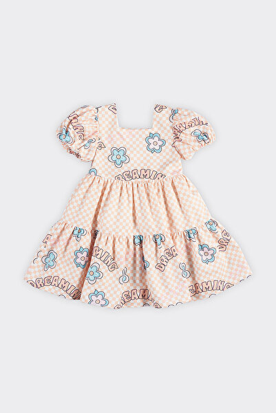 Panço Kız Çocuk Dama ve Çiçek Desenli Somon Elbise