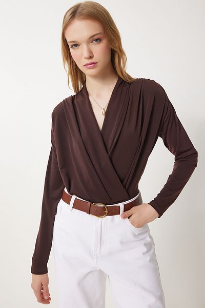 Lovelyİstanbul Wrap Collar Padded Snap Sandy Blouse Brown Lzh0007