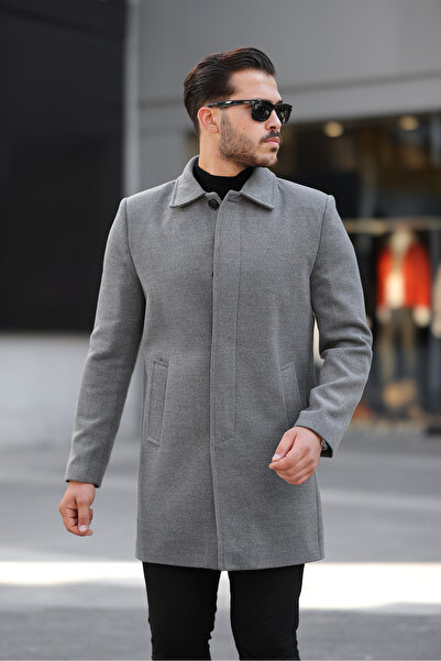 Jaglion Men's Relaxed Fit Windproof Buttoned Long Gray Stamp Coat