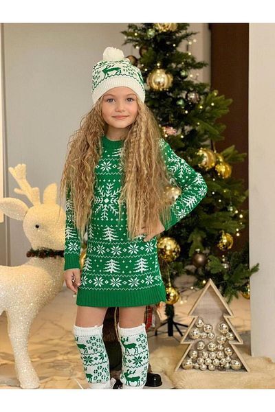 KOKOŞ BEBEK Knitwear Dress with Leggings Including Pompom Beret