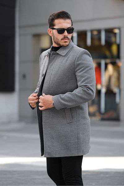 Jaglion Men's Relaxed Fit Windproof Buttoned Long Gray Stamp Coat
