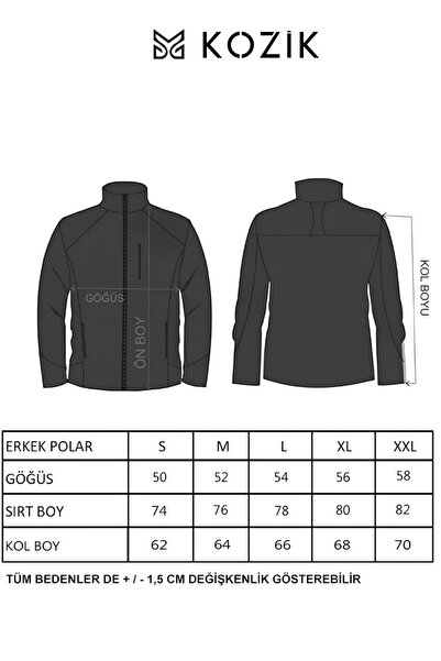 Kozik Unisex Polar Tüylenme Yapmayan Standart-Fit Erkek Tam Fermuarlı 3 Çepli Polar