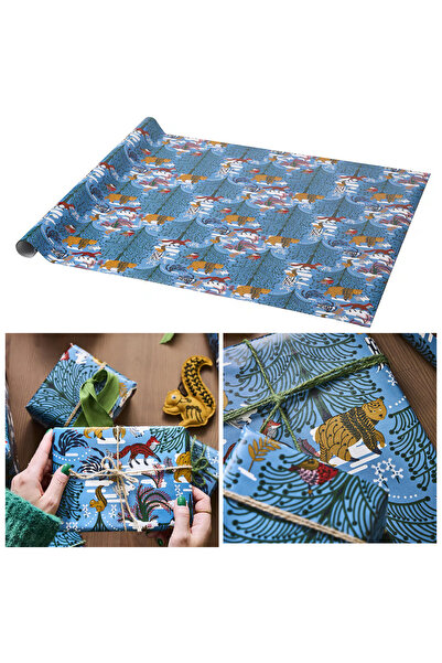 IKEA Vinterfint Hayvan Motifli Mavi 3 Metre Rulo Hediye Paketi Kağıdı Paketle...