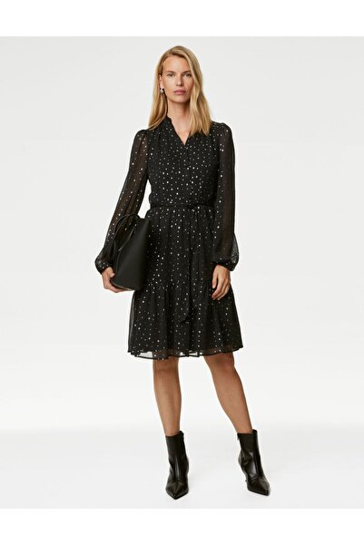 Marks & Spencer V Yaka Uzun Kollu Mini Elbise