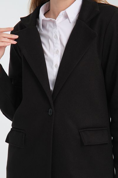 ZERTEX Black Long Stamped Women's Coat - Shoulder Padding, Lined and Fleet Pocket Detail