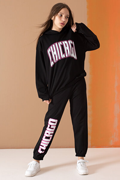 Cansın Mini Μαύρη φόρμα για κορίτσια με κουκούλα Chicago Letter 19577