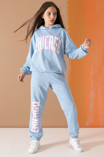 Cansın Mini Mavi Chicago Yazılı Kapüşonlu Kız Çocuk Eşofman Takımı 19579