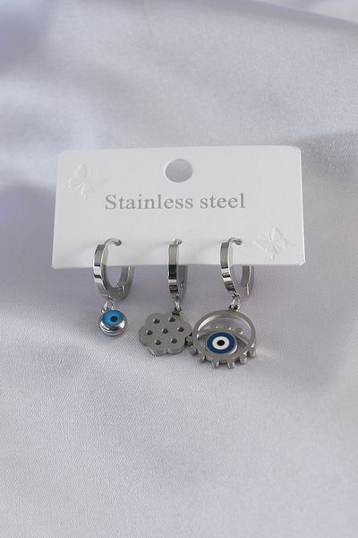 SeyCey.co 316L Steel Silver Color Eye Figure Evil Eye Bead Detail Women's Earring Combination