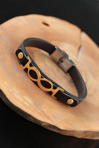 SeyCey.co Black Leather Men's Bracelet with Gold Color Infinity Metal Accessory