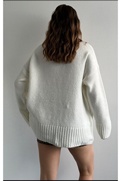 fujya Pulover de damă cu decolteu supradimensionat din tricotaj ecru