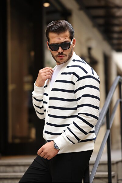 Valiberta Оверсайз смугастий чоловічий кардиган на ґудзиках - темно-синій