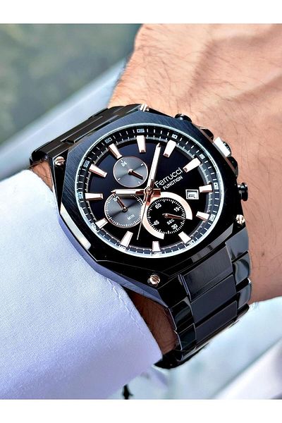 Ferrucci Black Color Steel Band Men's Wrist Watch (with 2 Year Warranty, Waterproof, Calendar)