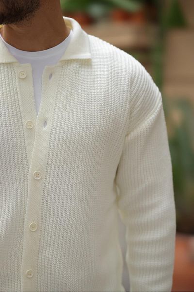 Valiberta Thessaloniki Knitted Men's Cardigan - Oversize, Buttoned, Ecru