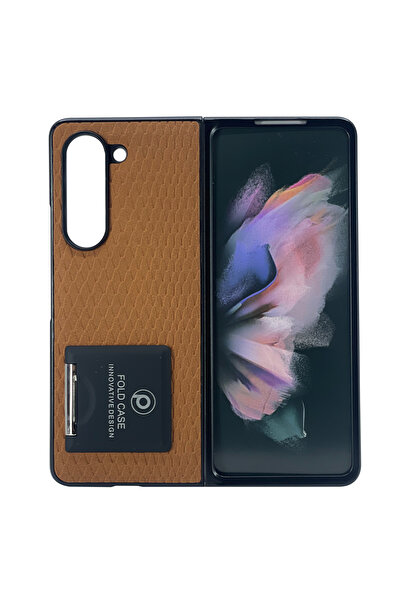 Nettech Samsung Galaxy Z Fold 5 Uyumlu Suni Deri Arka Koruma Kılıf - Kahverengi