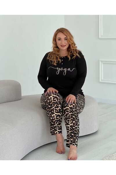 Lady Leopard Patterned Buttoned Plus Size Pajama Set